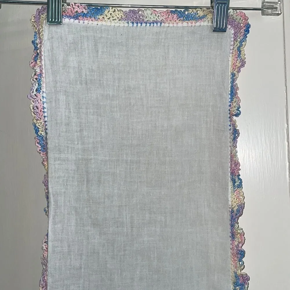 Vintage white cotton lawn table runner with pastel crochet edges‎